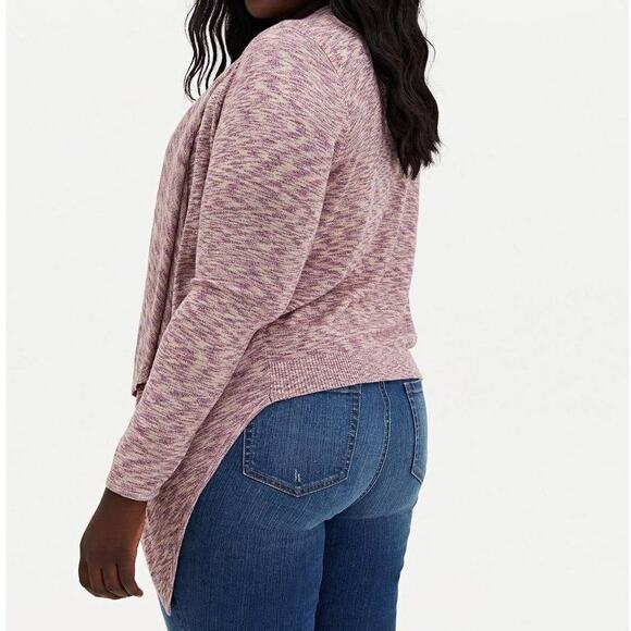 Torrid Space Dye Cardigan Drape Front Sweater in Oatmeal and Purple - Picture 3 of 9